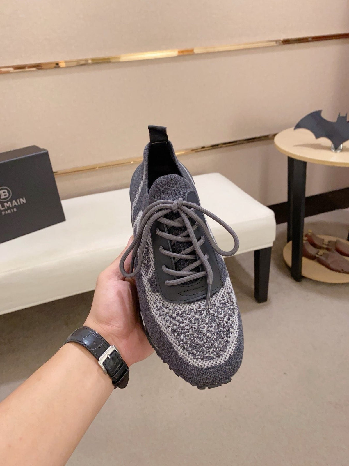 Balmain Gray and Black Knit-Look Sneakers — front
