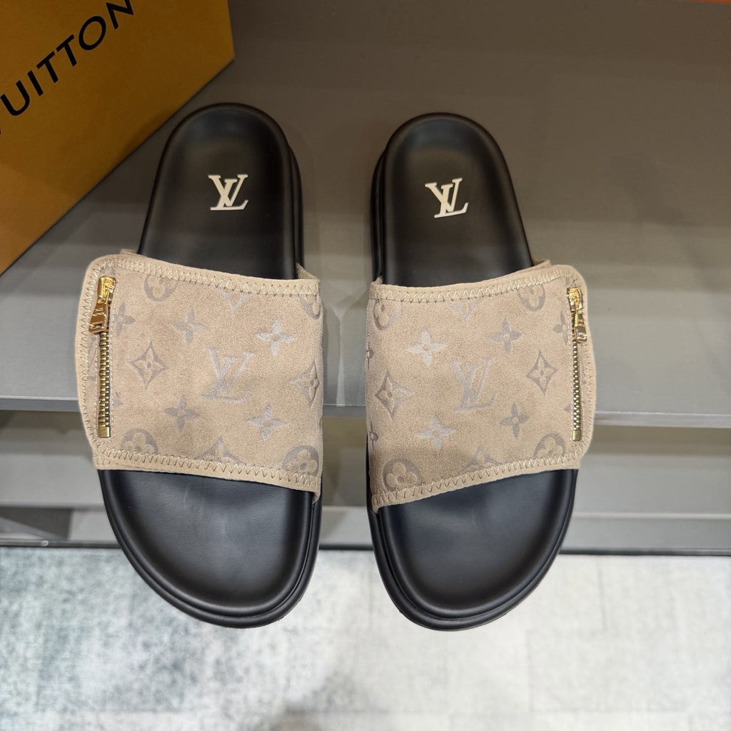 Louis Vuitton Beige and Black Slide Sandals — hero