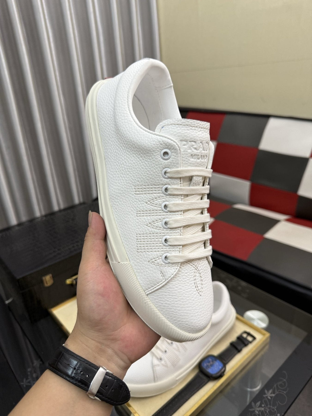 Prada Men's Textured Leather Low-Top Sneakers — model
