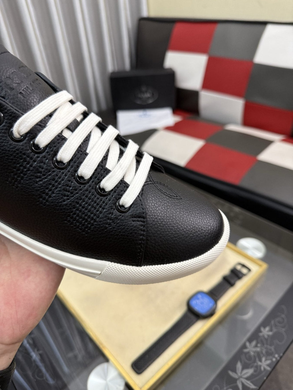 Prada Men's Textured Leather Low-Top Sneakers — detail