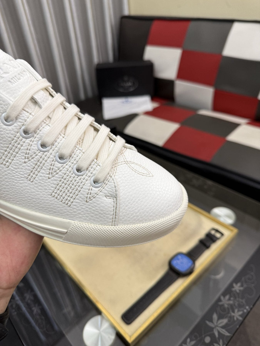 Prada Men's Textured Leather Low-Top Sneakers — detail