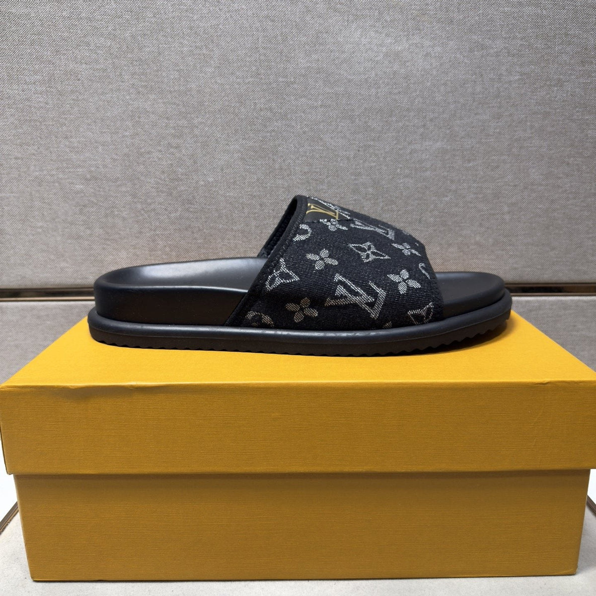 Louis Vuitton Navy Patterned Slide Sandals — side
