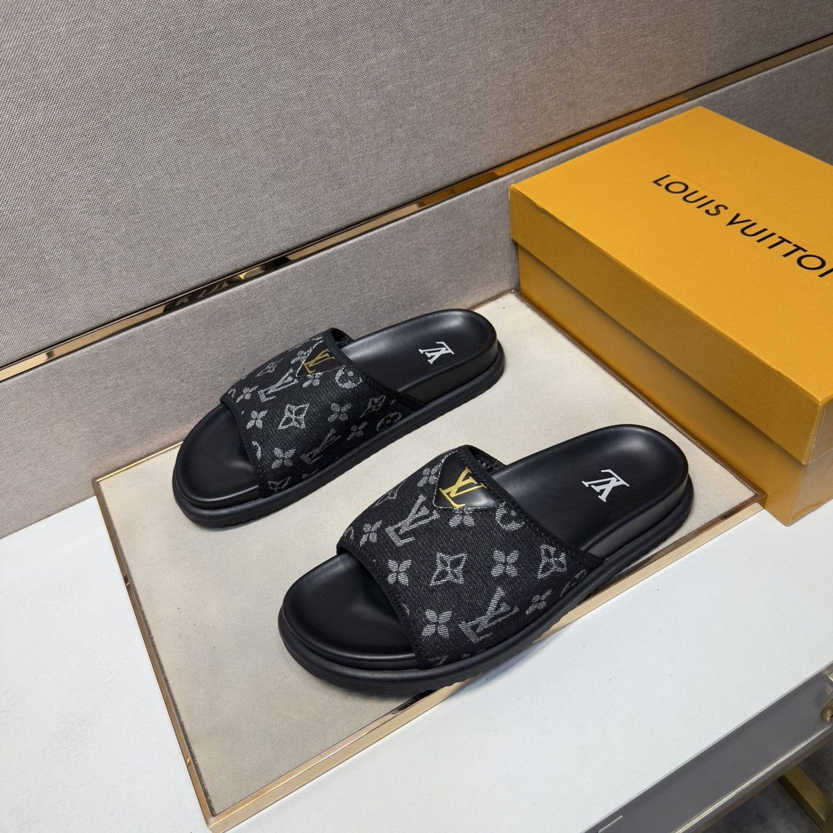 Louis Vuitton Navy Patterned Slide Sandals — front