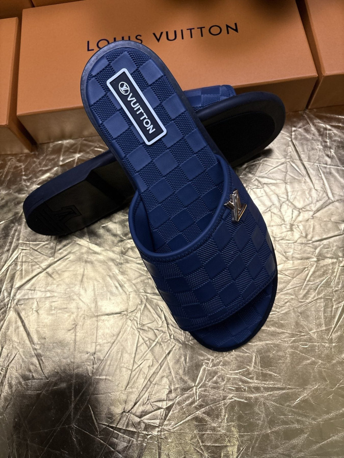 Louis Vuitton Checker-Pattern Slide Sandals — front