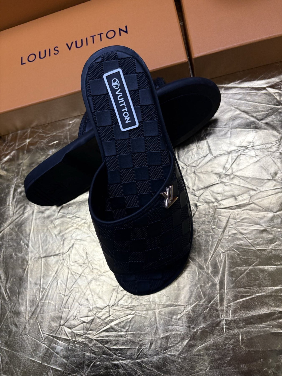 Louis Vuitton Checker-Pattern Slide Sandals — front