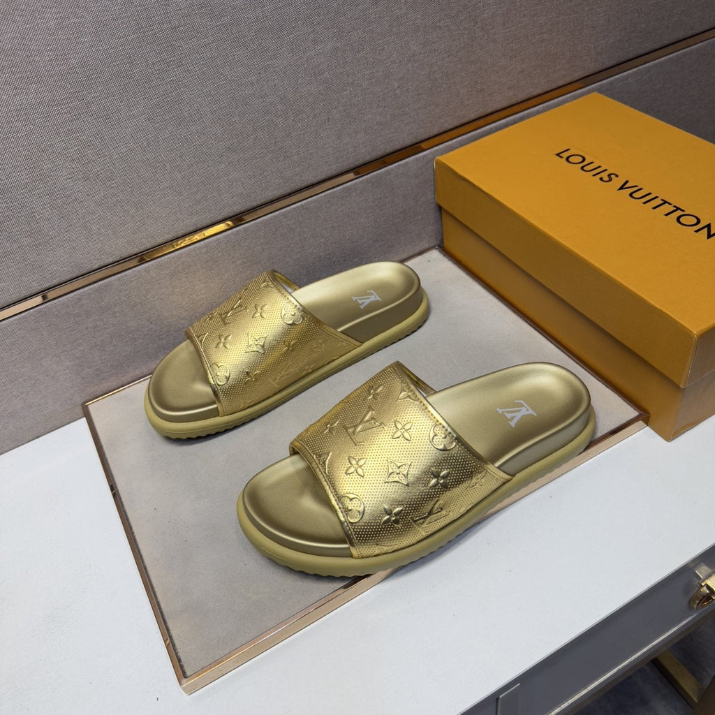 Louis Vuitton Embossed Metallic Slide Sandals — front