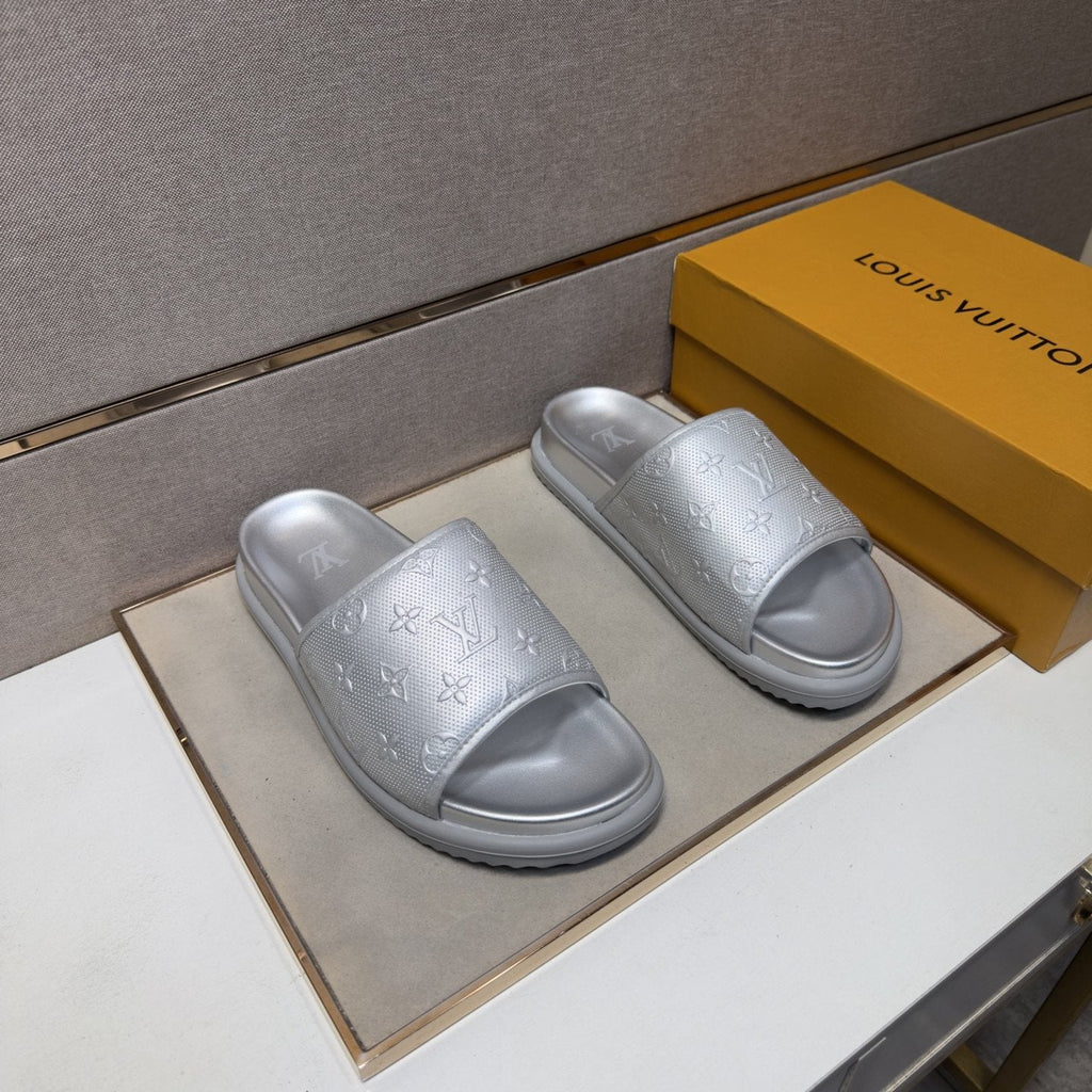 Louis Vuitton Embossed Metallic Slide Sandals — front