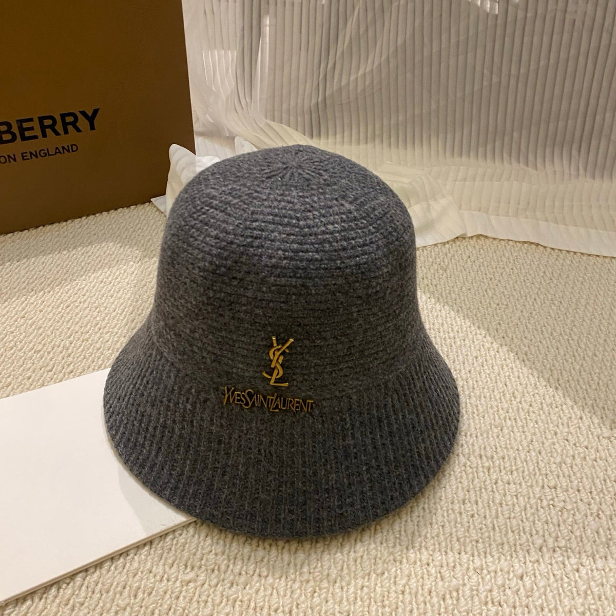 YSL Gold Logo Knitted Bucket Hat
