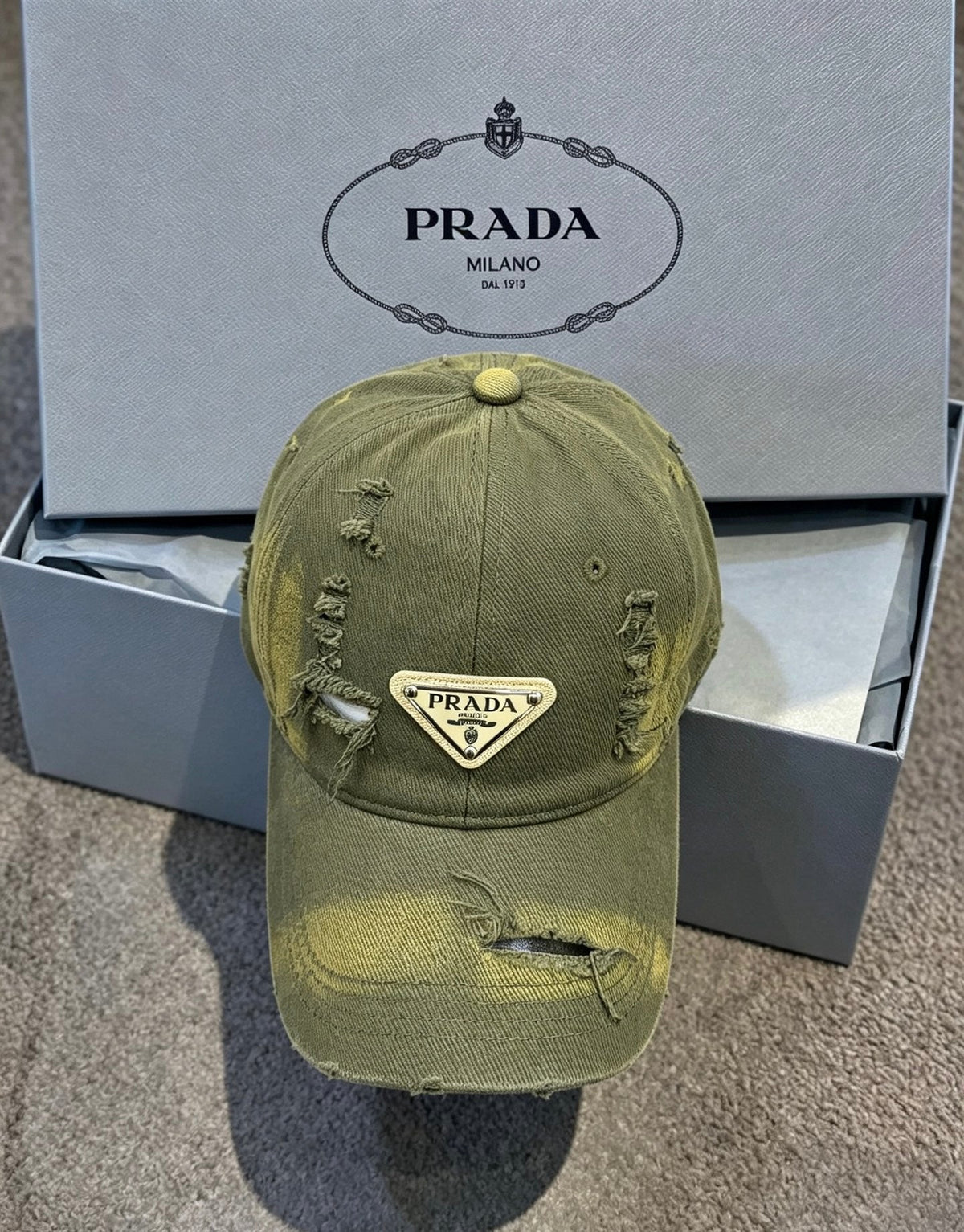 Prada Washed Distressed Triangle Logo Baseball Cap