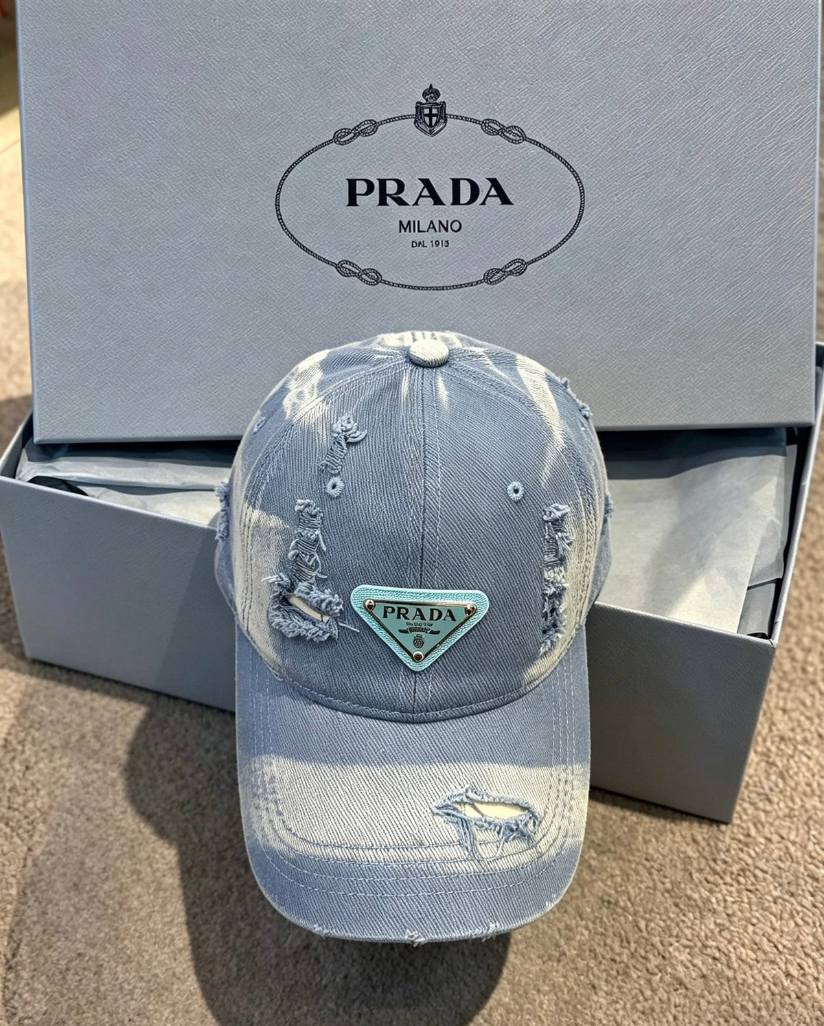 Prada Washed Distressed Triangle Logo Baseball Cap